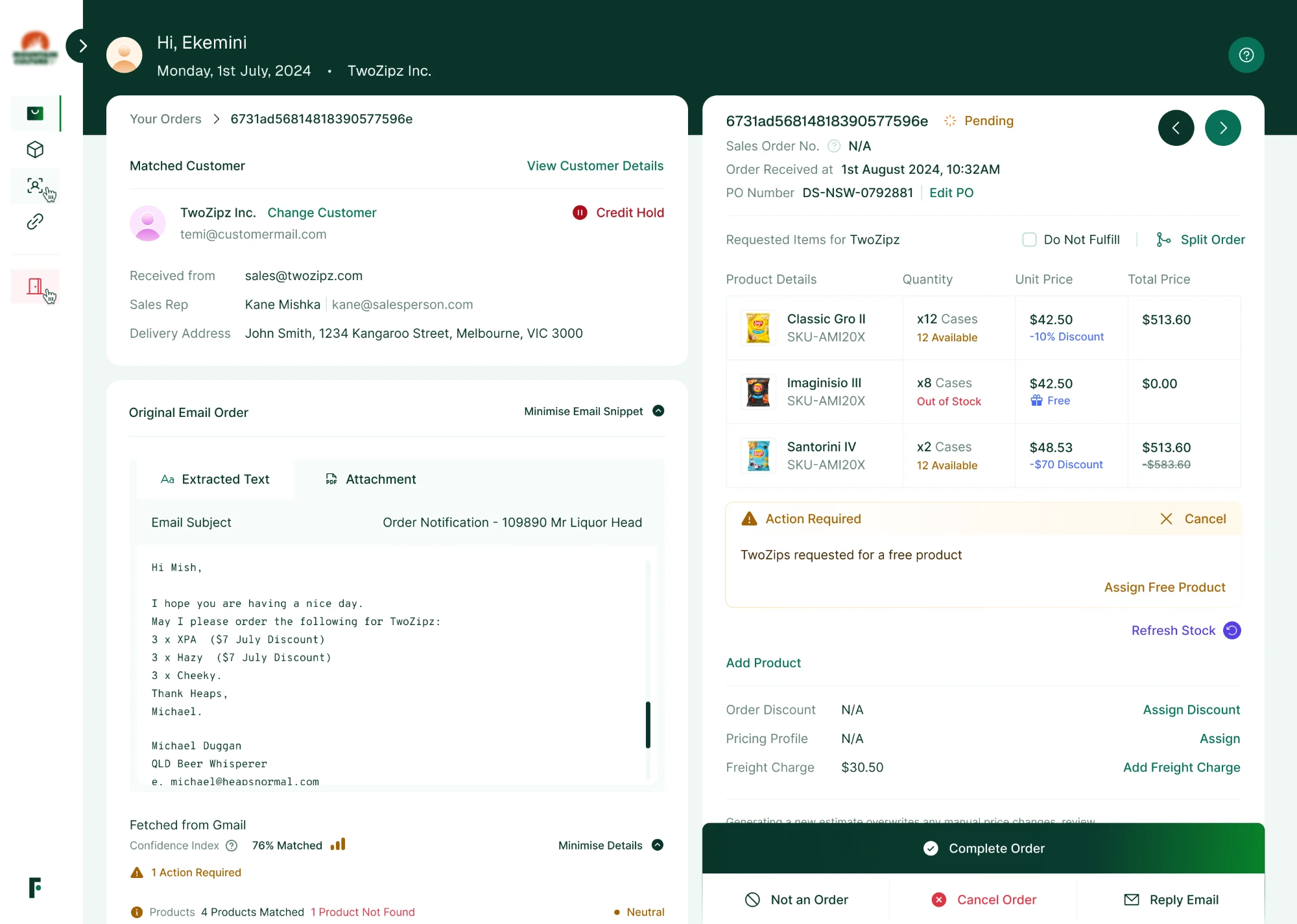 After FOBOH: an AI-ingested order ready to review and complete