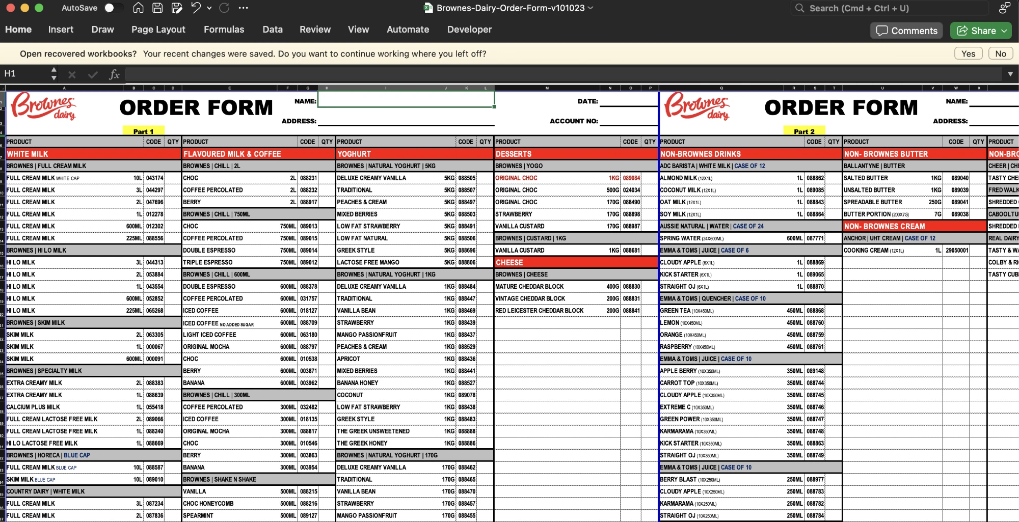 Before FOBOH: a wholesaler’s spreadsheet order form