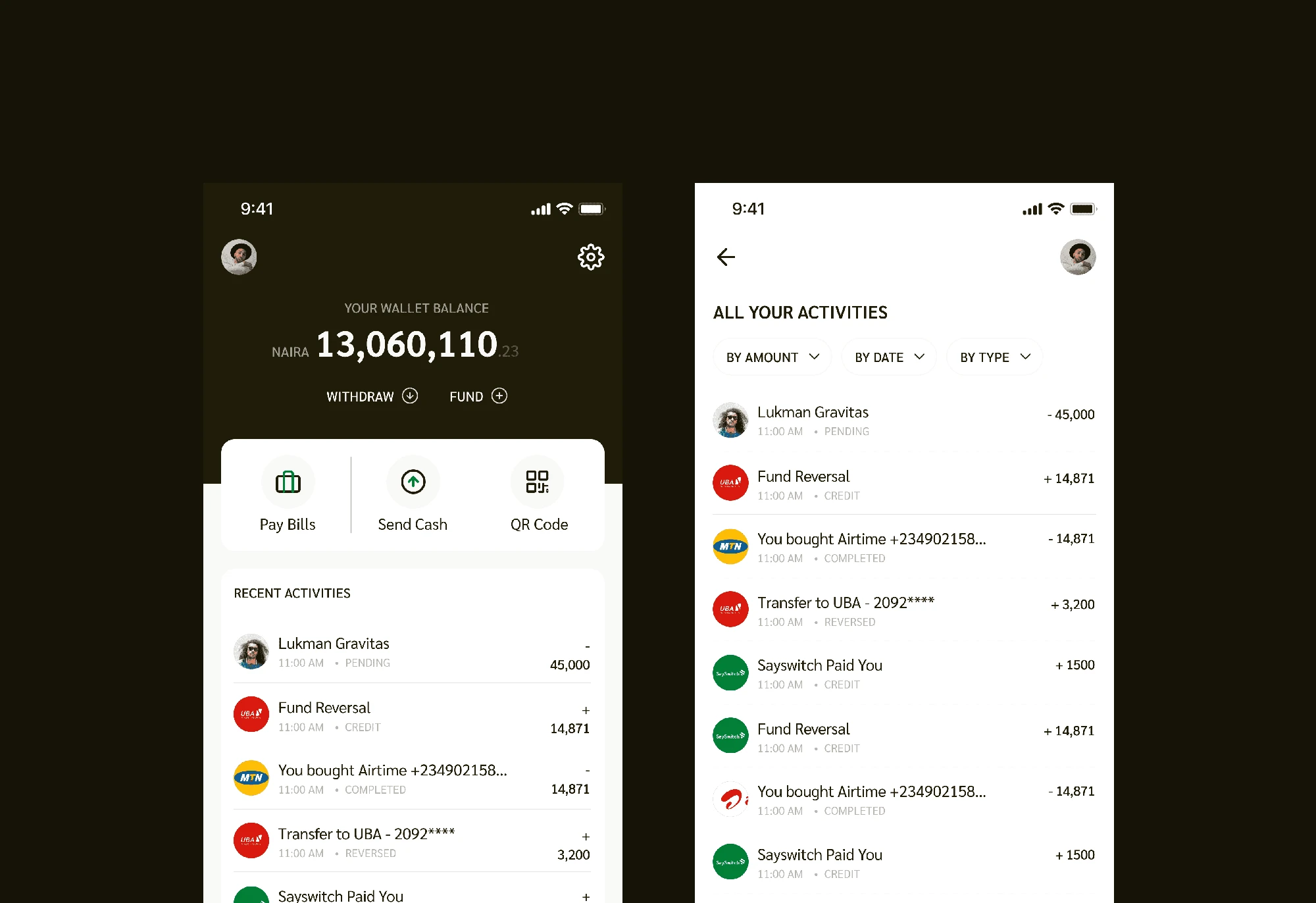 Sayswitch • Home and activity screens