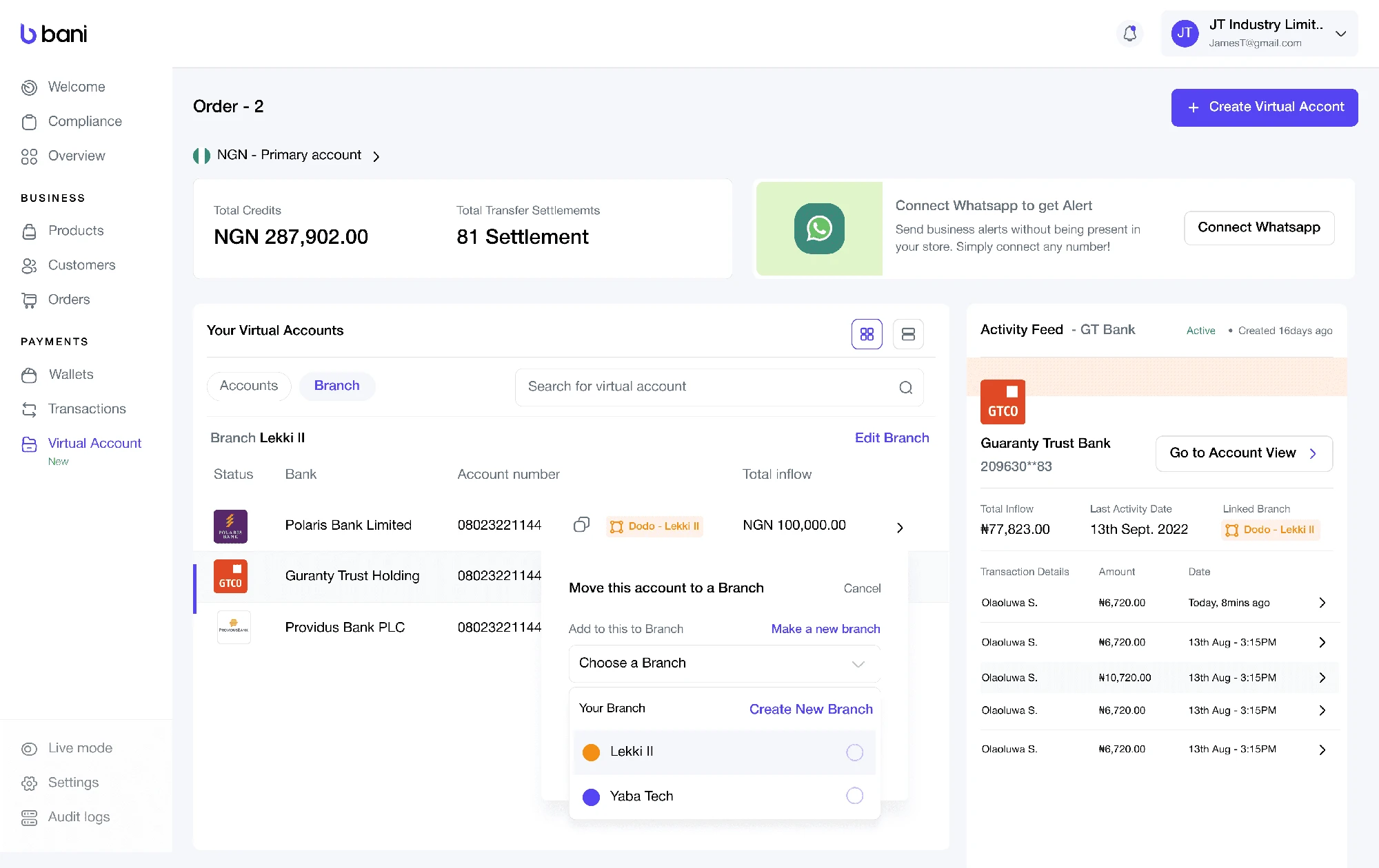 Bani • Dashboard for admins to manage all generated virtual accounts for their business branches.