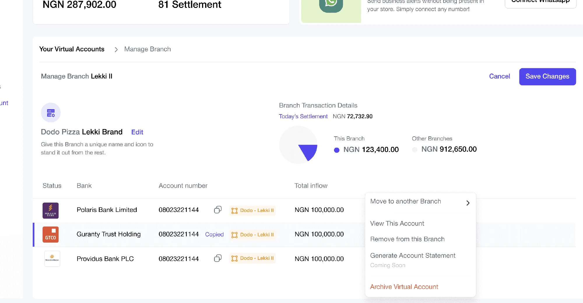 Bani • Viewing a virtual account for a single business; it's accompanying actions, transactions, sub-accounts, and stats
