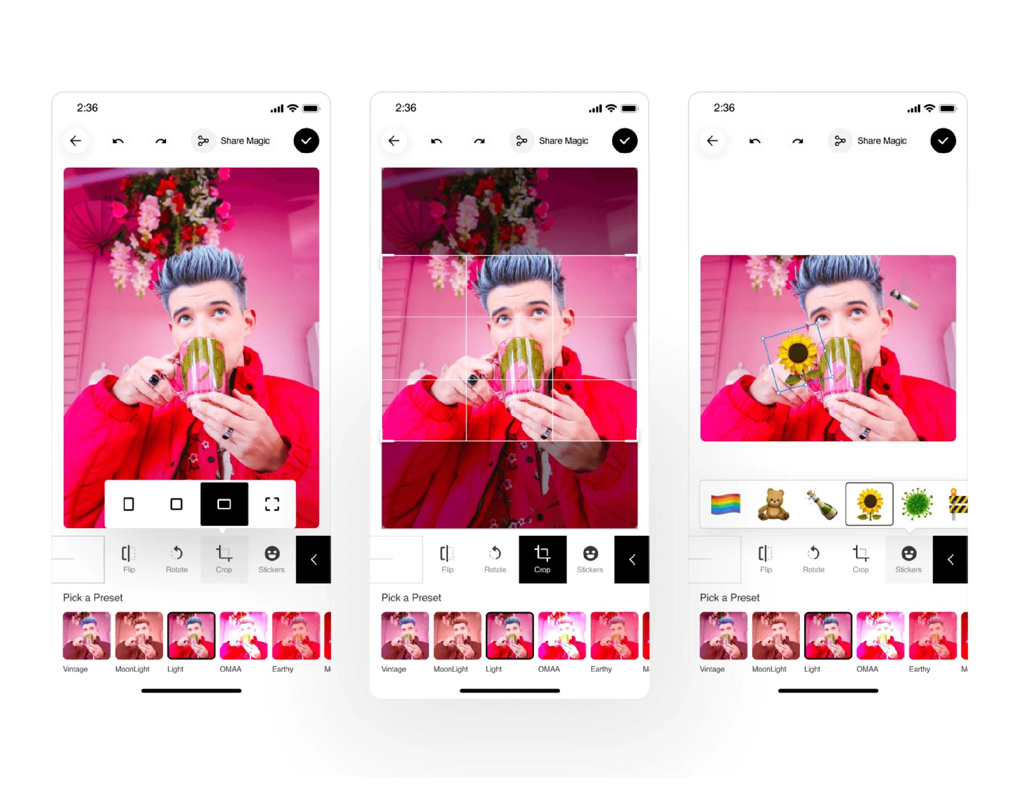 Peexoo • Mobile image editor experience. Crop, add emoji, and themes